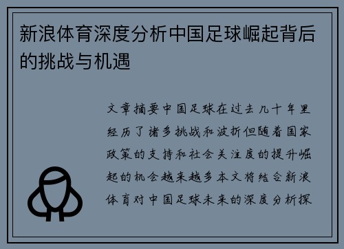 新浪体育深度分析中国足球崛起背后的挑战与机遇